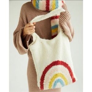 New Free People Cozy Carry Handbag Tote & Matching Scarf Rainbow Textile Cream